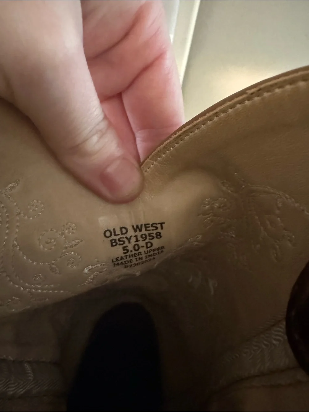 Old West Brown Leather Kids Western Boots with Cream Embroidery Size 5.0 D